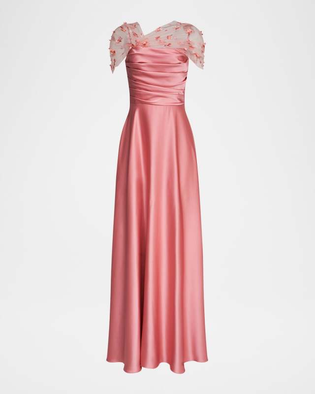 Luella Floral Applique Illusion Shawl Gown